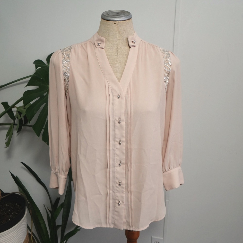 Moulinette Soeurs Blouse Womens 0 Pink‎ Silver Lace Metallic Accent Button Up